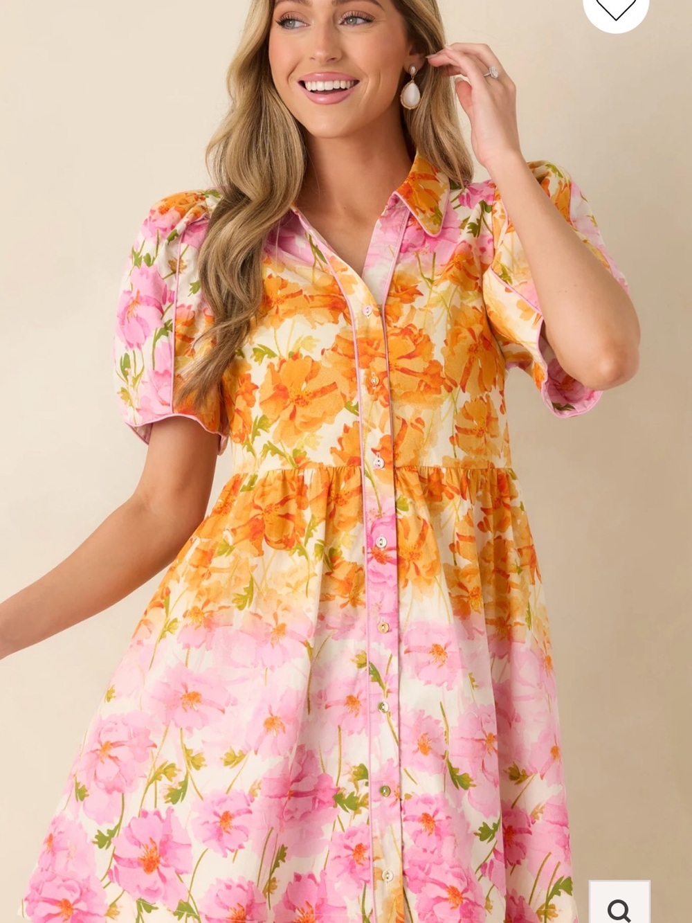 Red Dress Boutique Orange and Pink Floral Cotton Puff Sleeve Mini Dress (m)